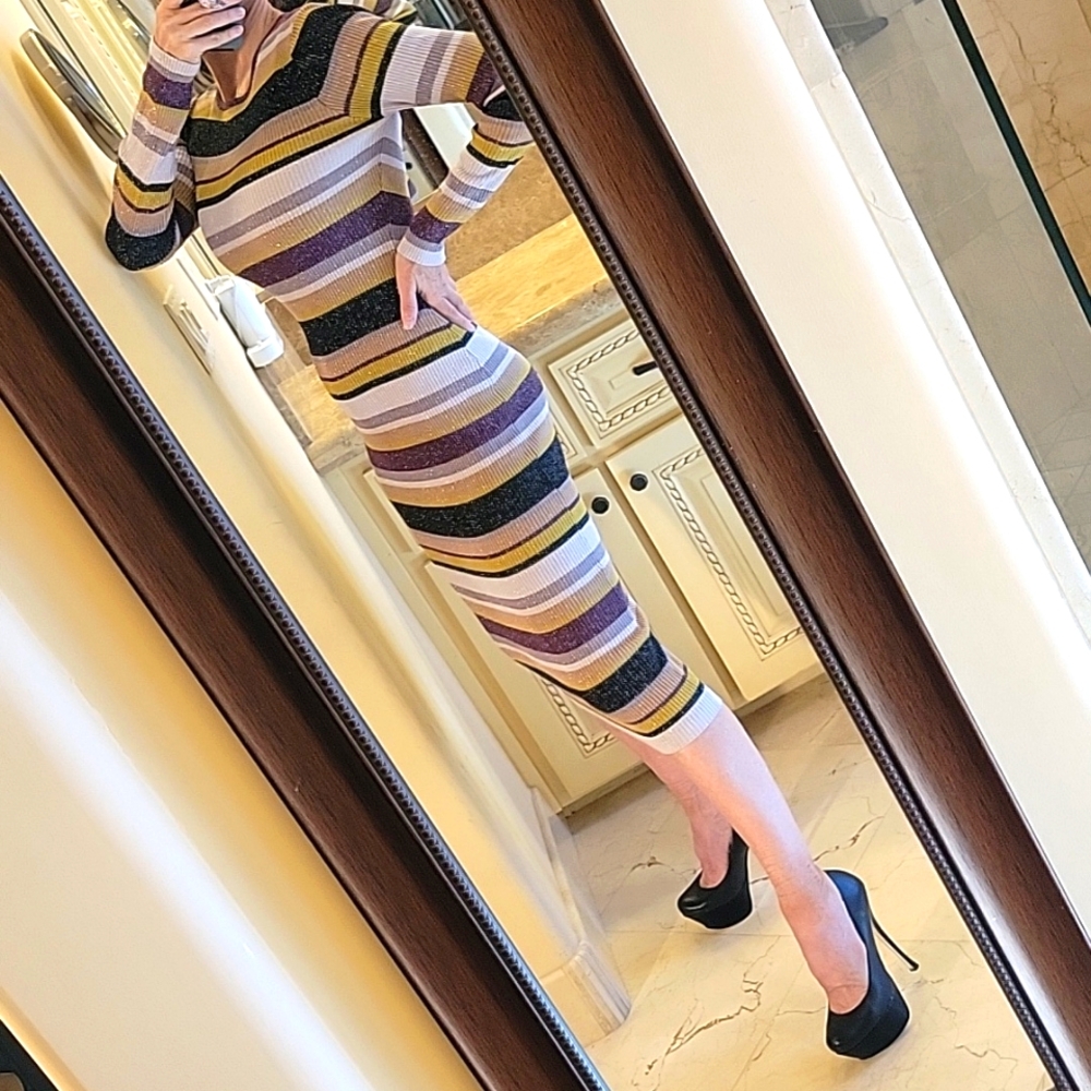 Chaser Veda Striped Multicolor Long Sleeve Sweater Dress w/ Sparkle, S - Picture 10 of 16